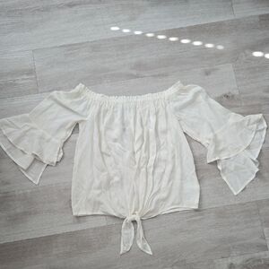 Elegant Off-Shoulder Cream Top w/ Gold Accent Stripes